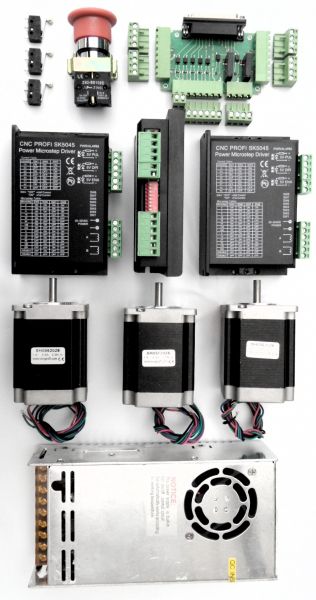 Komplett-Steuerung CNC-Satz-4/3  für 3 Achsen mit Schrittmotoren -3 Nm 3 A, Trafo, Not-Aus, Referentzschalter, Kupplung und Kabel