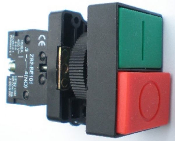 DOPPEL DRUCKSCHALTER mit LED - ROT/DGRÜN mit Aufnahme für 2 Kontaktblöcke